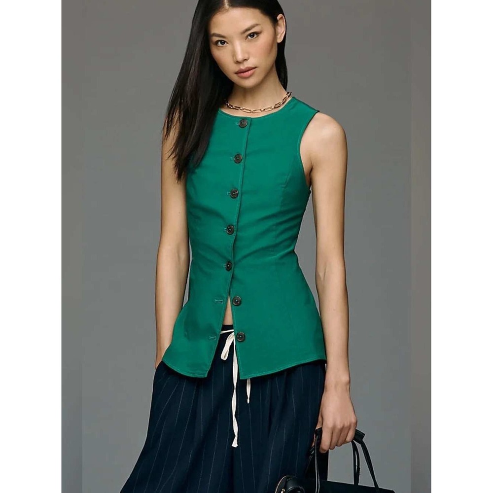 Anthropologie Maeve Button Front Vest Kelly Green XS